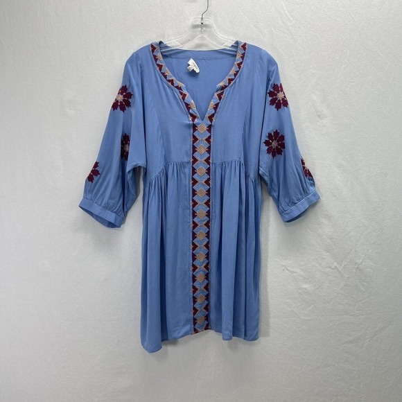 Umgee Dress Medium 3/4 Sleeve Embroidered Blue Red Flowers Boho Chic - Picture 2 of 14